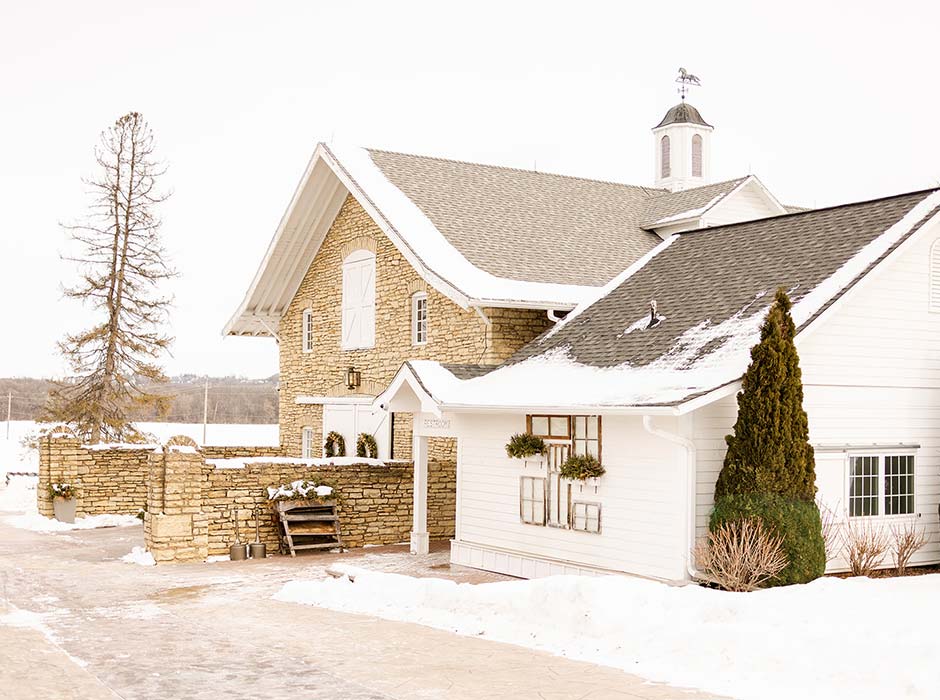 Mayowood Stone Barn the best winter wedding barn and event venue in Rochester MN after a fresh snowfall